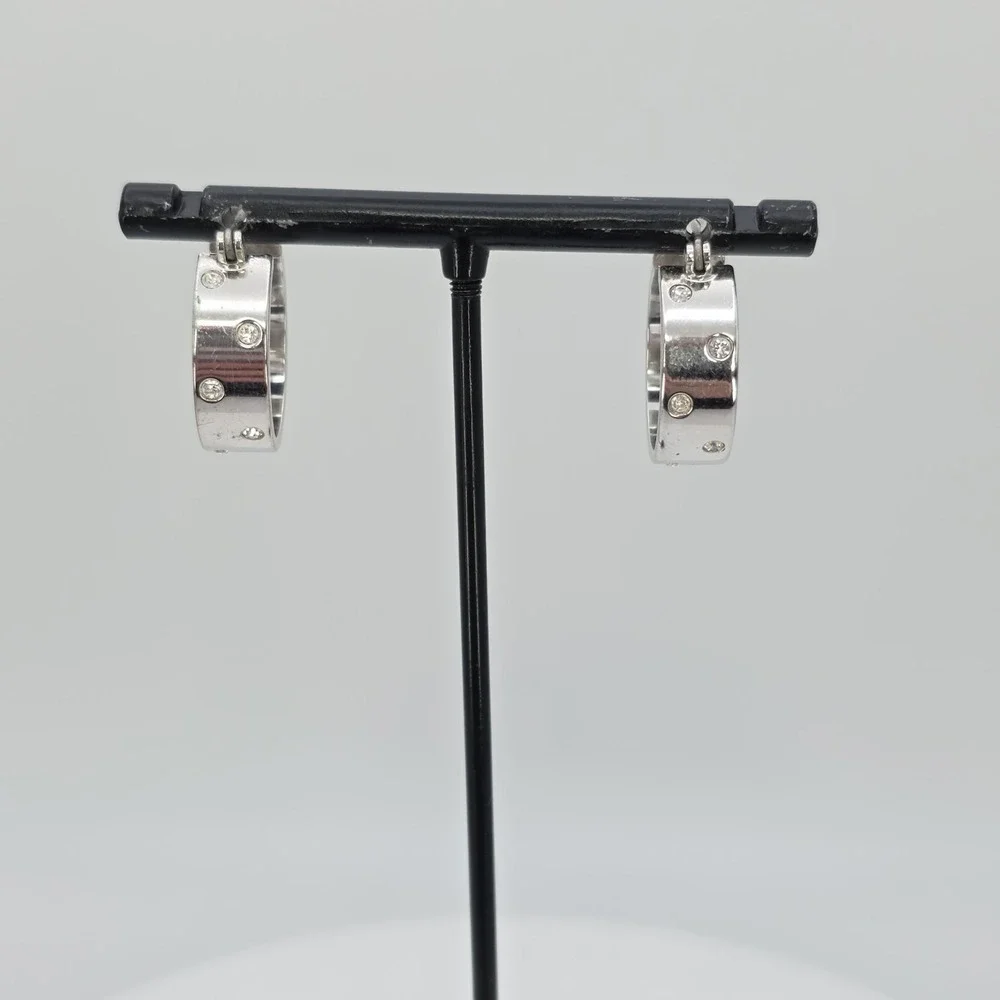Vintage SWAROVSKI Signed Hoop Earrings Wide Crystal Studded Rhodium Plate Hinged